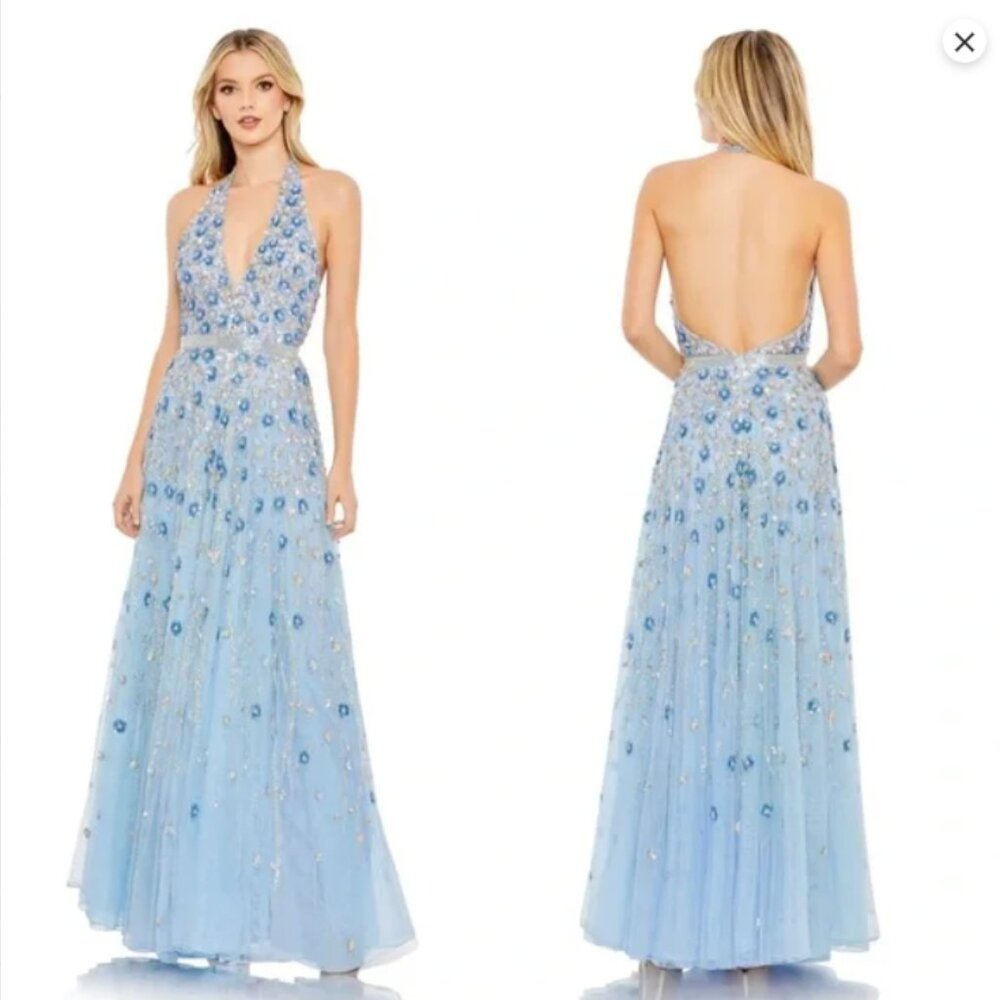 MAC DUGGAL 5654 FLORAL EMBELLISHED HALTER STRAP A-LINE POWDER BLUE GOWN sz 4
